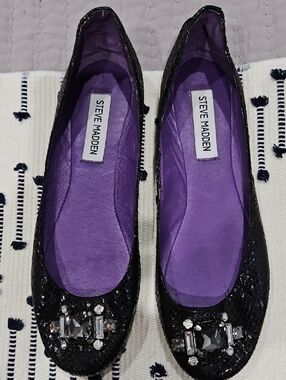 Steve Madden Black Jeweled Ballet Flats with Purple Insole